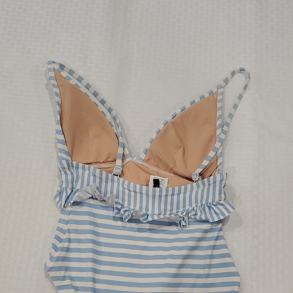 J. Crew Ruffle Plunging  Blue and White Striped Women's One Piece Swimsuit - Picture 5 of 12